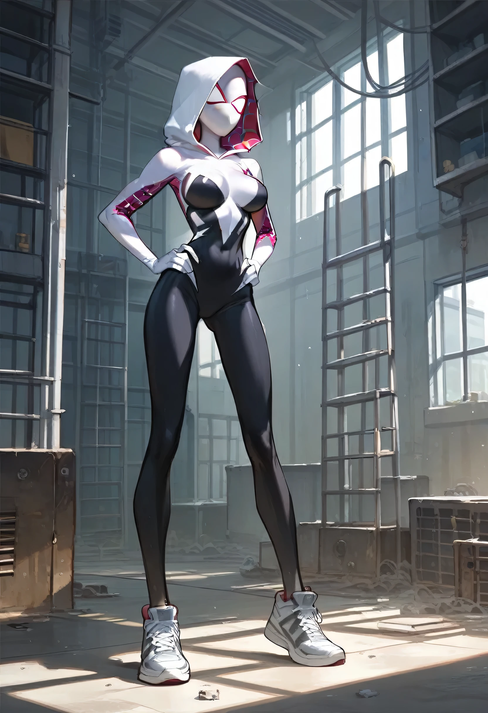 Masterpiece , best quality , Masterpiece , best quality , Spider Gwen , 1 woman, mask , abdomen , big breasts , hands on your hips.. , long legs , sneakers , abandoned factory ,