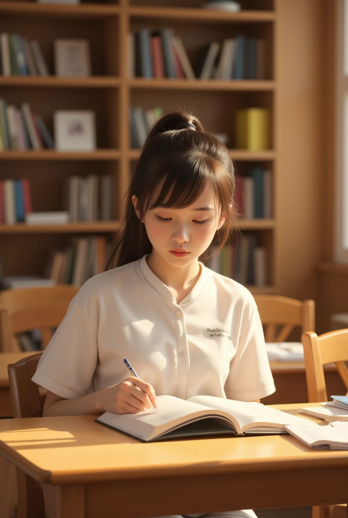 A warm-toned, well-lit classroom scene: a 19-year-old female student sitting at her study desk, surrounded by wooden chairs and neat bookshelves. She's wearing a Mahalai uniform, a white short-sleeved shirt, and her hair is in a dyed ponytail. Her eyes are fixed on an open book, her brows furrowed, and her innocent face exudes diligence,Mahalai uniform,white short sleeve shirt 