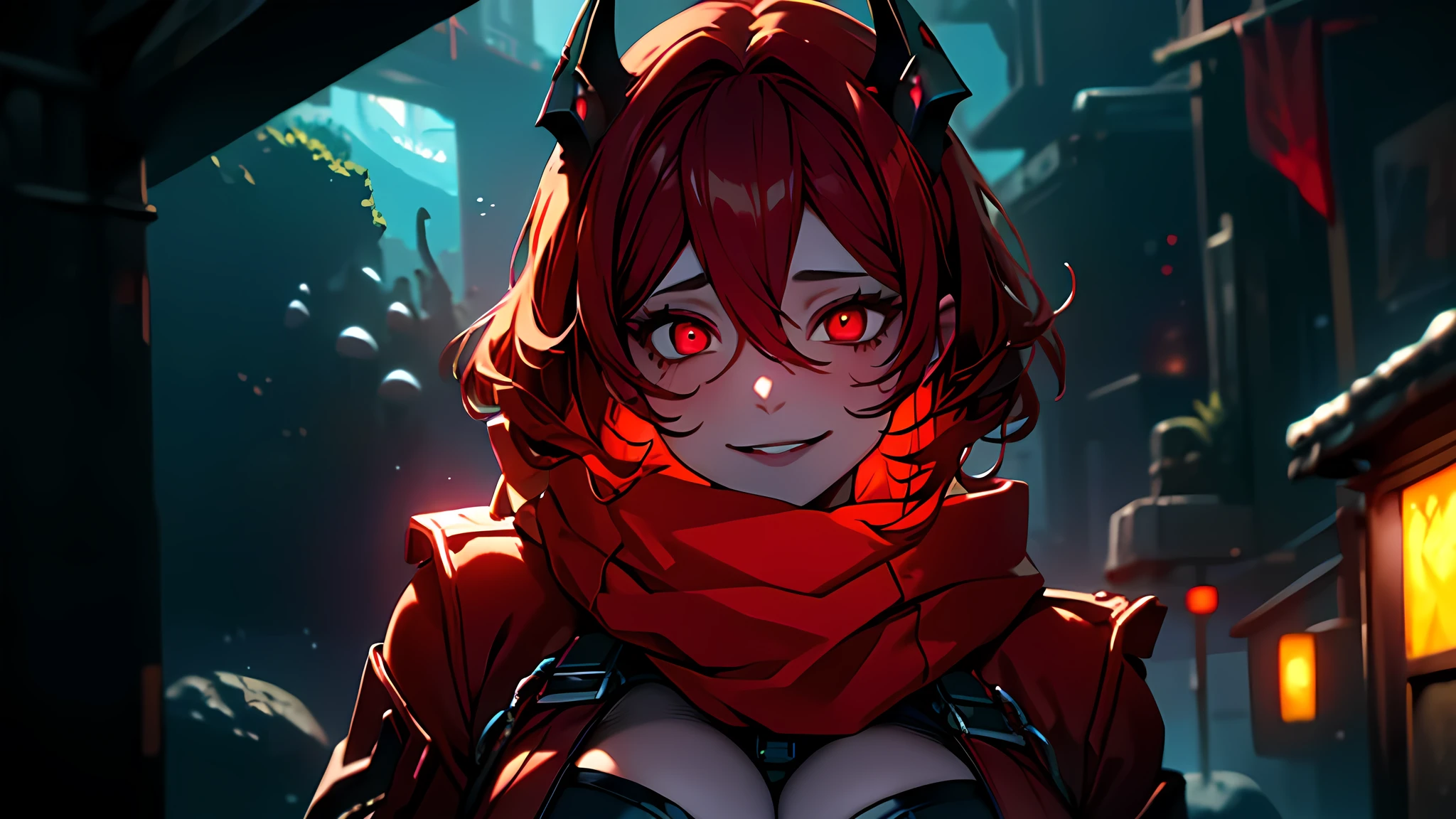((Best quality)), ((masterpiece)), (detailed:1.4), 3D, an image of a beautiful cyberpunk female, Yandere , Yandere Face , Trance , Trance Eyes , yameroyandere , constricted pupils , yandere , empty eyes . shaded face , crazy eyes , glowing red eyes , crazy smile , Redhood , exposed chest , long red scarf , long red burning hair , Horn Headgear , Red Jacket Cloth , Red Eyes, Black undercloth, large breasts, Dive under the sea, Undersea as background ,HDR (High Dynamic Range),Ray Tracing,NVIDIA RTX,Super-Resolution,Unreal 5,Subsurface scattering,PBR Texturing,Post-processing,Anisotropic Filtering,Depth-of-field,Maximum clarity and sharpness,Multi-layered textures,Albedo and Specular maps,Surface shading,Accurate simulation of light-material interaction,Perfect proportions,Octane Render,Two-tone lighting,Wide aperture,Low ISO,White balance,Rule of thirds,8K RAW,