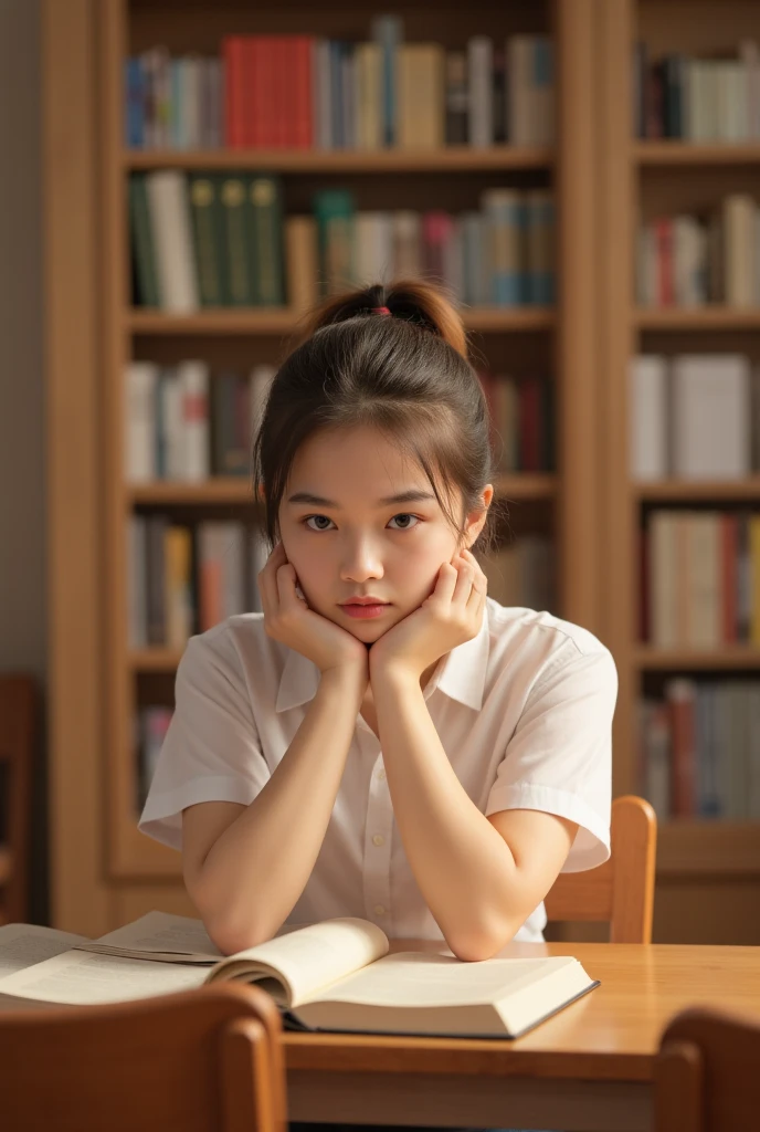 A warm-toned, well-lit classroom scene: a 19-year-old female student sitting at her study desk, surrounded by wooden chairs and neat bookshelves. She's wearing a Mahalai uniform, a white short-sleeved shirt, and her hair is in a dyed ponytail. Her eyes are fixed on an open book, her brows furrowed, and her innocent face exudes diligence,Mahalai uniform,white short sleeve shirt 