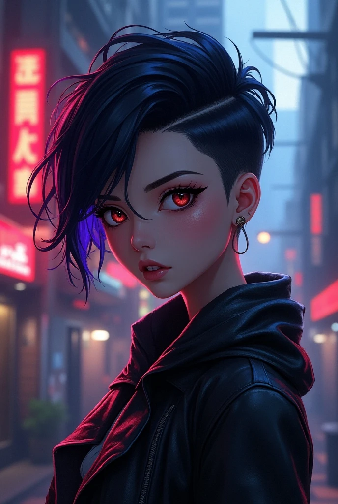 goth woman, mature woman, punk and goth, short black hair, glowing [red eyes], black clothes, black skirt, black gloves, black fur boots, dark, gloomy alley, rundown place and dirty, smoking cigarettes, anime, dark, night, cyberpunk --auto --s2