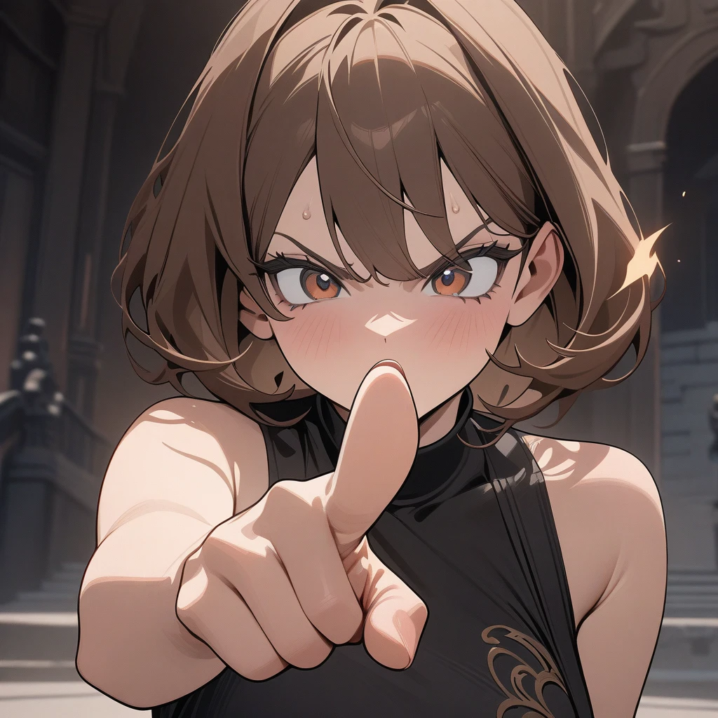 Masterpiece, Improved quality, High quality, Good anatomy, Well-formed hands, Healthy body, Intact fingers, Normal digits, perfect body, full body in image, short hair with bangs to the right, tube mini black red dress , Elbow-length gloves, smile, bright brown hair