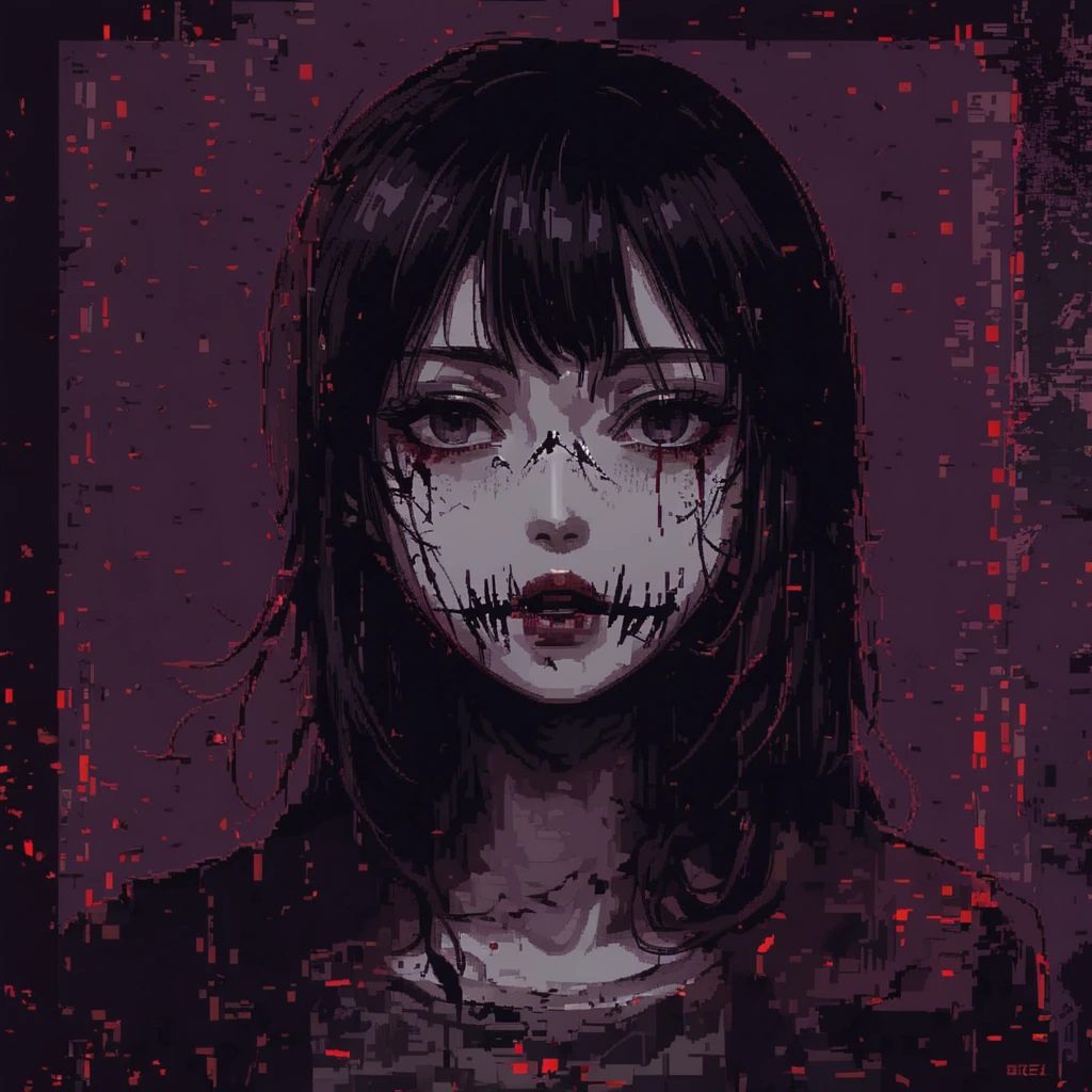 simple background, monochrome, horror (theme) there is a broken picture, black paint splatted, red blood splatted, smoked, red blood (((anime girl character))), big boobies, wearing a mask