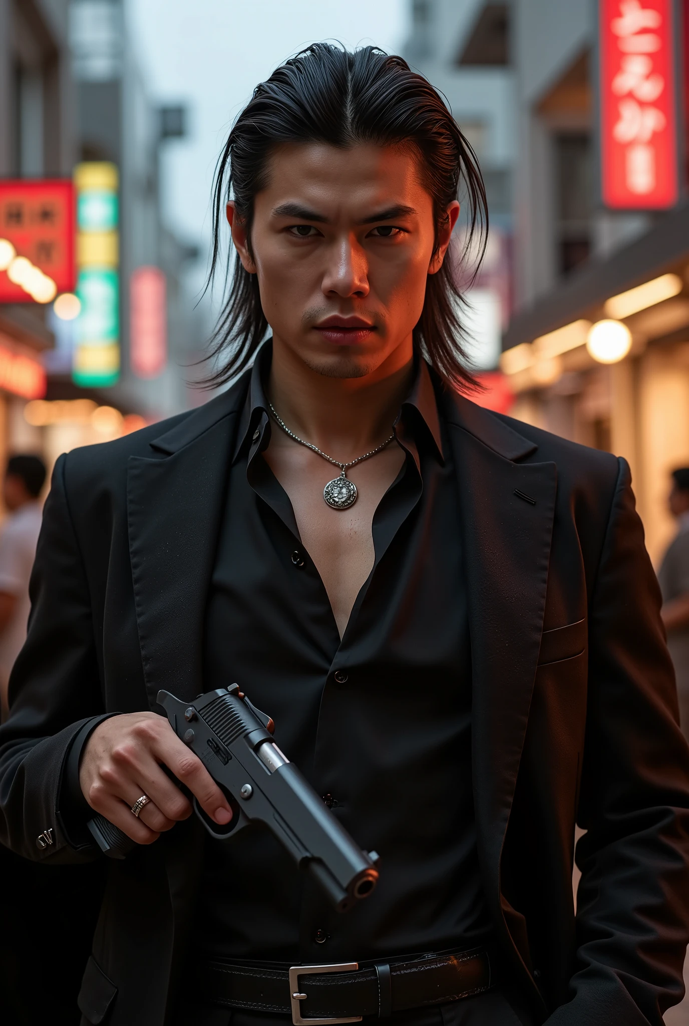 Arafed man in a black suit holding a gun in a city - SeaArt AI