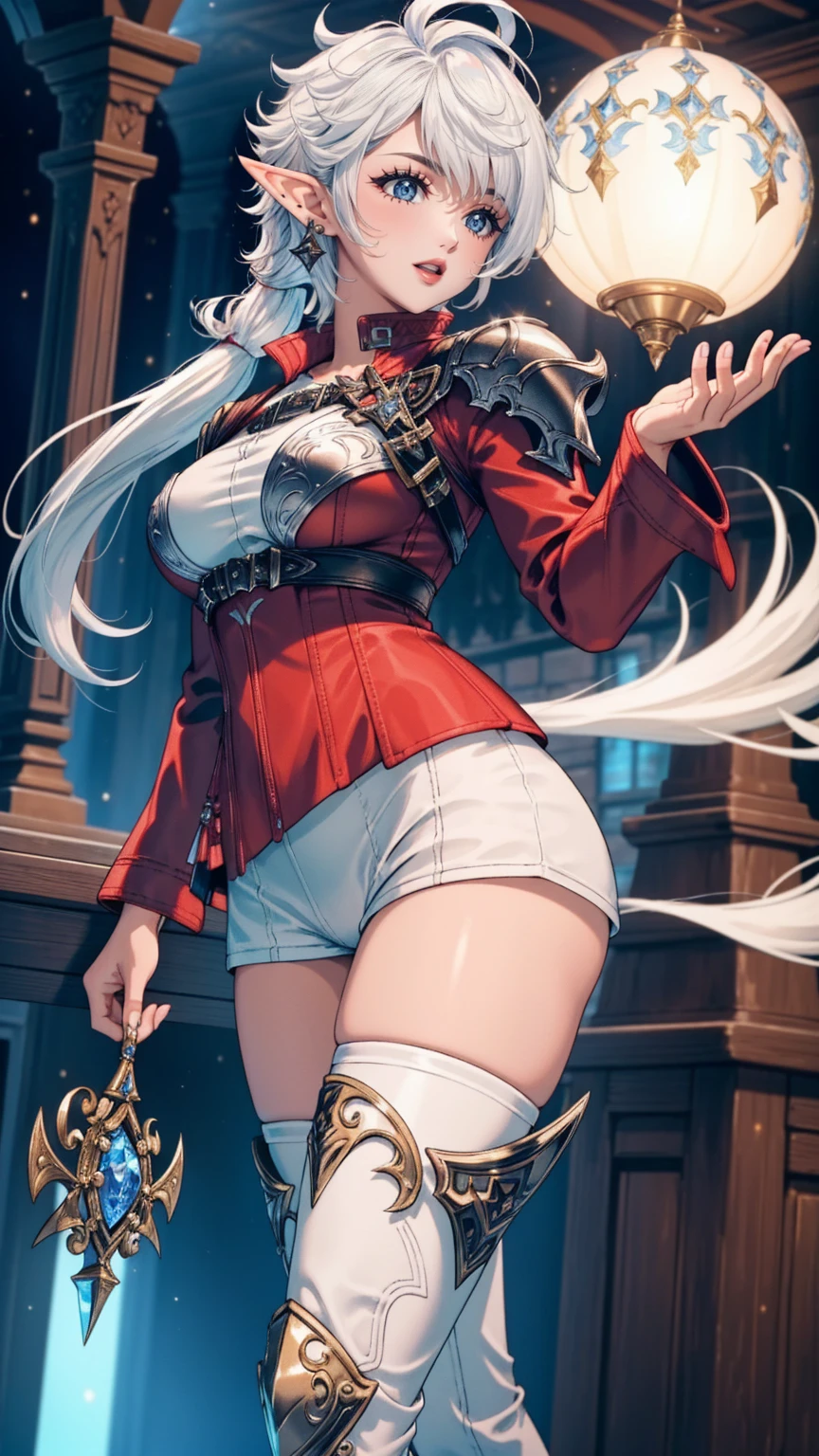 (masterpiece:1.2, best quality), (intricate details), alisaie, (alisaie leveilleur (final fantasy)), 1girl, elf ears, red jacket, thigh boots, white shorts, fit female, realism, Detailed, intricate, sharp focus, Ultra-detailed, detailed pupils, puffy lips, skindentation, (intricate detail), (Soft Lighting), Charming smile, white hair, low ponytail, medium breasts, nice hips, thighs,