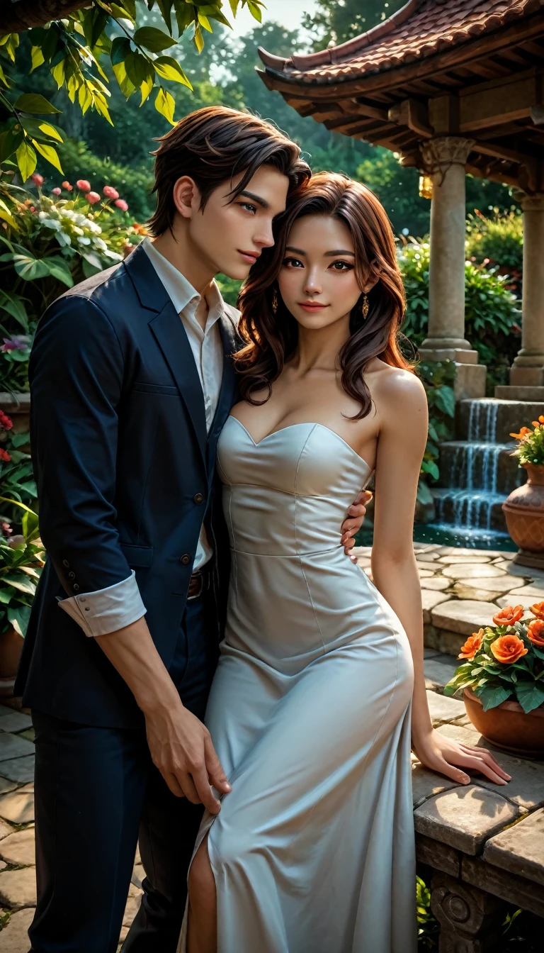 (score_9, score_8_up, score_7_up) Korean man ((with brown eyes)), Beautiful,  brown short hair, (in a black leather shirt with the scent of Asian-style )),  black classic pants sits on the bench of a magical stone garden, a man with big blue eyes leaned her head (  European looks)  brown long hair waltz around the couple and  ((( in red gorgeous beautiful magic (( a very fluffy strapless dress ))  hourglass neckline The lush strapless style ))) night starry sky, crickets, magic,  beautiful different flowers ,  stone fountain near the garden , in the form of a sorceress esthetically pleasing, beautiful, realistic, close-up, professional photo, 4K, high resolution, high detail, 30mm lens, 1/250s, ISO 100, pixel graphics, bright lighting,