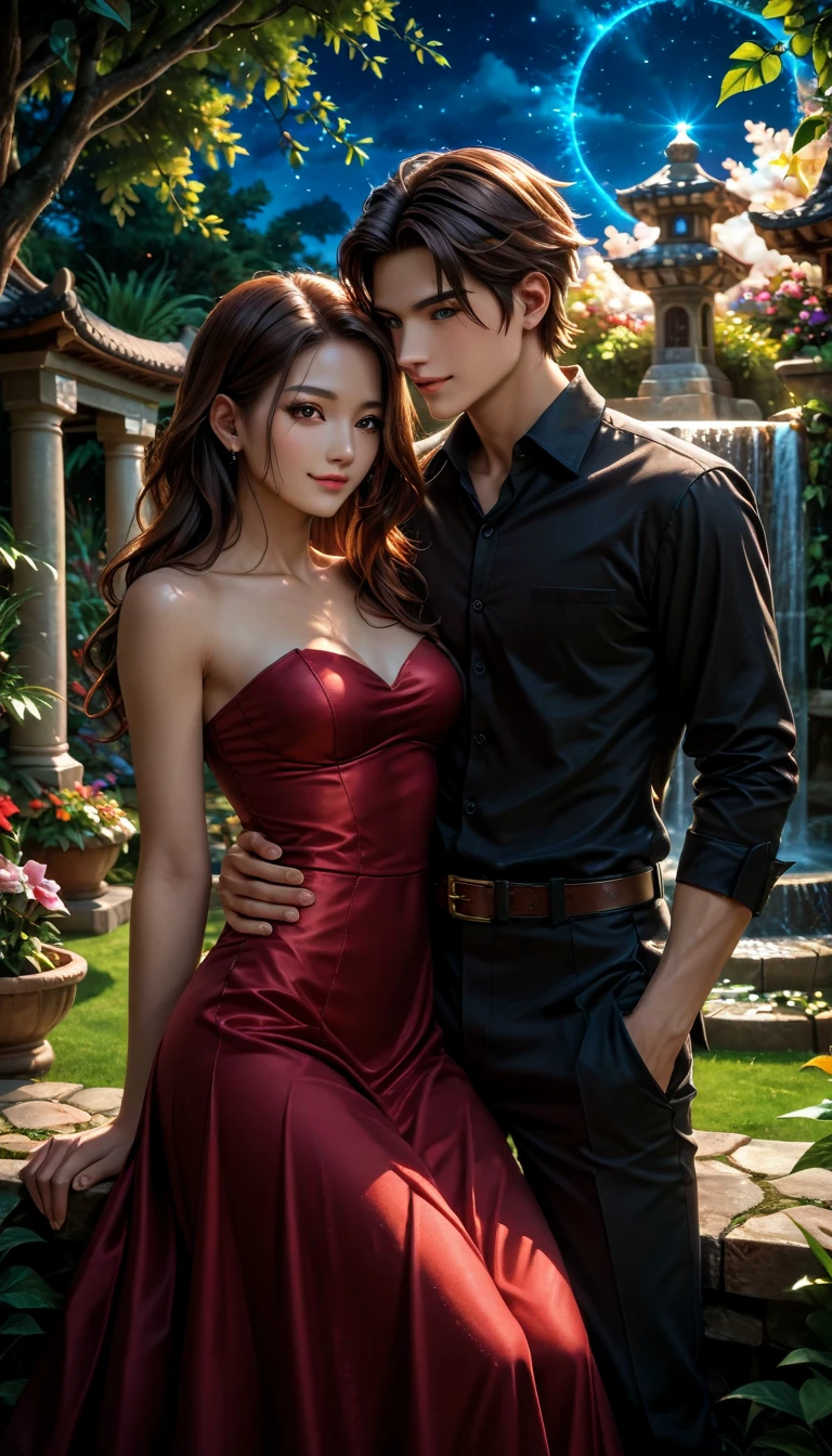 (score_9, score_8_up, score_7_up)Korean man ((with brown eyes)), Beautiful,  brown short hair, (in a black leather shirt with the scent of Asian-style )),  black classic pants sits on the bench of a magical stone garden, a man with big blue eyes leaned her head (  European looks)  brown long hair waltz around the couple and  ((( in red gorgeous beautiful magic (( a very fluffy strapless dress ))  hourglass neckline The lush strapless style ))) night starry sky, crickets, magic,  beautiful different flowers ,  stone fountain near the garden , in the form of a sorceress esthetically pleasing, beautiful, realistic, close-up, professional photo, 4K, high resolution, high detail, 30mm lens, 1/250s, ISO 100, pixel graphics, bright lighting,



