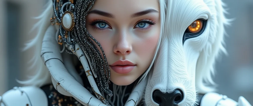 portrait of a cyborg with futuristic samurai armor, detailed facial features, piercing eyes, full lips, shiny white armor on the left side, intricate mechanical details, high quality, 8k, photorealistic, studio lighting, hyper detailed, cinematic