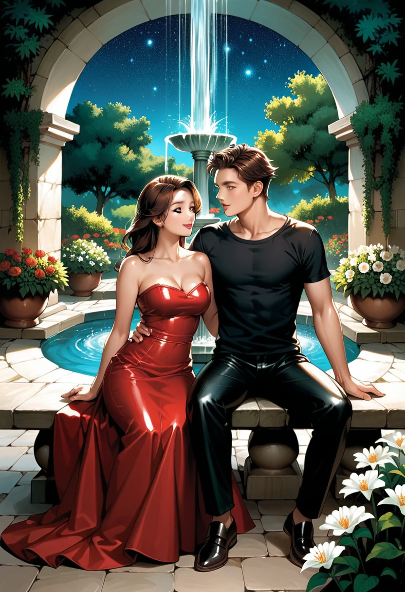  great quality ,  Maximum realism , ultra graphics, Korean man ((with brown eyes)), Beautiful,  brown short hair, (in a black leather shirt with the scent of Asian-style )),  black classic pants sits on the bench of a magical stone garden, a man with big blue eyes leaned her head (  European looks)  brown long hair waltz around the couple and  ((( in red gorgeous beautiful magic (( a very fluffy strapless dress ))  hourglass neckline The lush strapless style ))) night starry sky, crickets, magic,  beautiful different flowers ,  stone fountain near the garden , in the form of a sorceress 