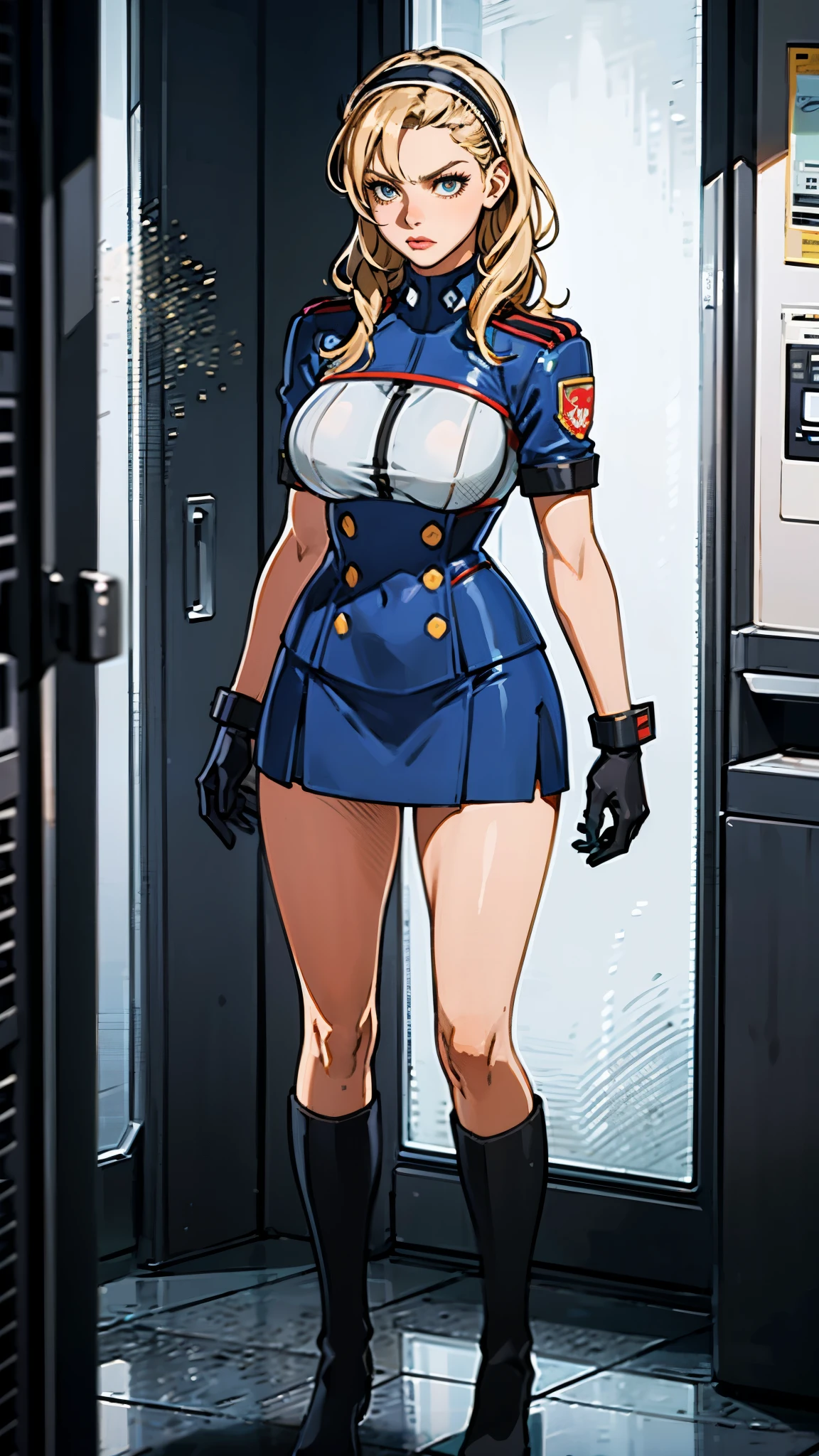 (masterpiece:1.2, best quality:1.2, extremely delicate:1.2), ((Alexandra Daddario:1.2)), a girl with short light golden hair, a metal headband on her forehead, icy gaze, detached expression, smooth and exquisite facial appearance, perfect body, perfect skin, porcelain skin, pale skin, sci-fi military uniform, short sleeves, gloves, short skirt integrated with the outfit, dark fitted pants, knee-high military boots, the color scheme is primarily White with Blue and Yellow accents, surrounded by AR virtual interfaces, standing in a futuristic sci-fi-styled room, this character embodies a finely crafted futuristic sci-fi female officer in anime style, exquisite and mature art style, exquisite photography, Photo realism, photorealistic, even and soft lighting on face, dramatic, high definition, highres, ultra-detailed, ultra-fine painting, professional, perfect body proportions, anatomically correct, symmetrical face, extremely detailed eyes and face, high quality eyes, creativity, RAW photo, UHD, 32k, portrait lighting, Natural light, cinematic lighting, (masterpiece-anatomy-perfect:1.2)