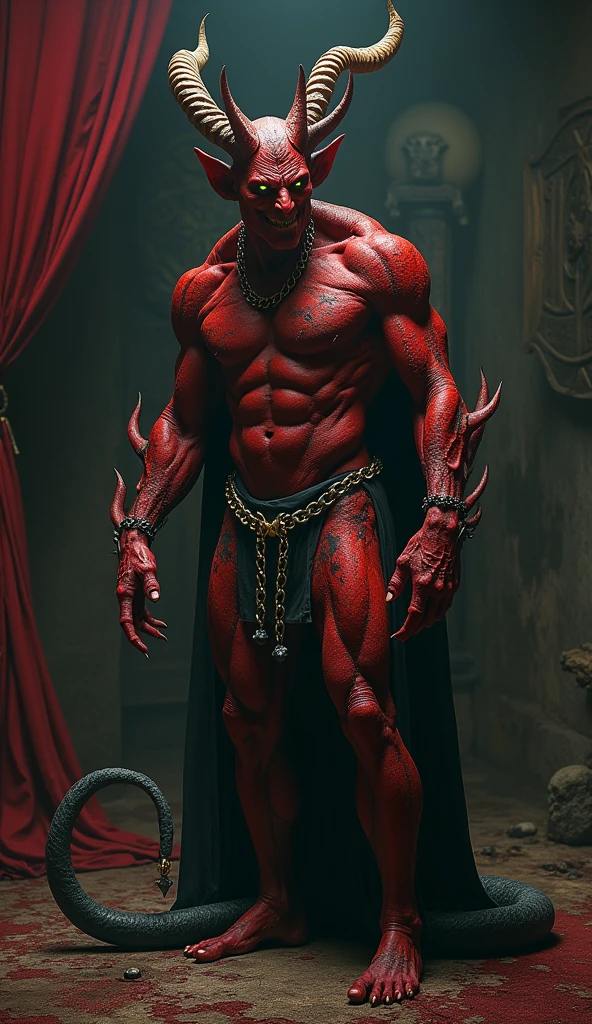 image full body of THE DEVIL. walking from the right to the left, seen from the left side. only view from profile. Foto realistic