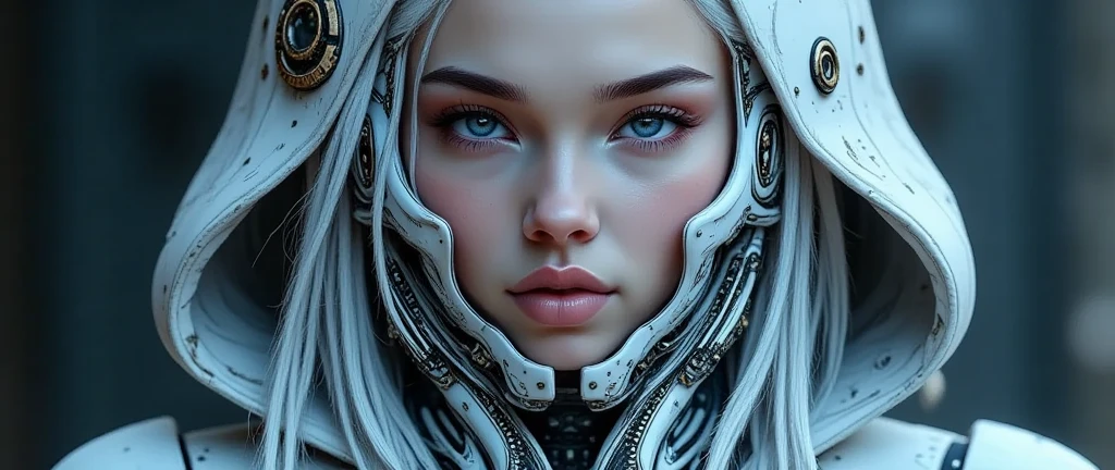 portrait of a cyborg with futuristic samurai armor,wearing split mask, detailed facial features, piercing eyes, full lips, shiny white armor on the left side, intricate mechanical details, high quality, 8k, photorealistic, studio lighting, hyper detailed, cinematic
