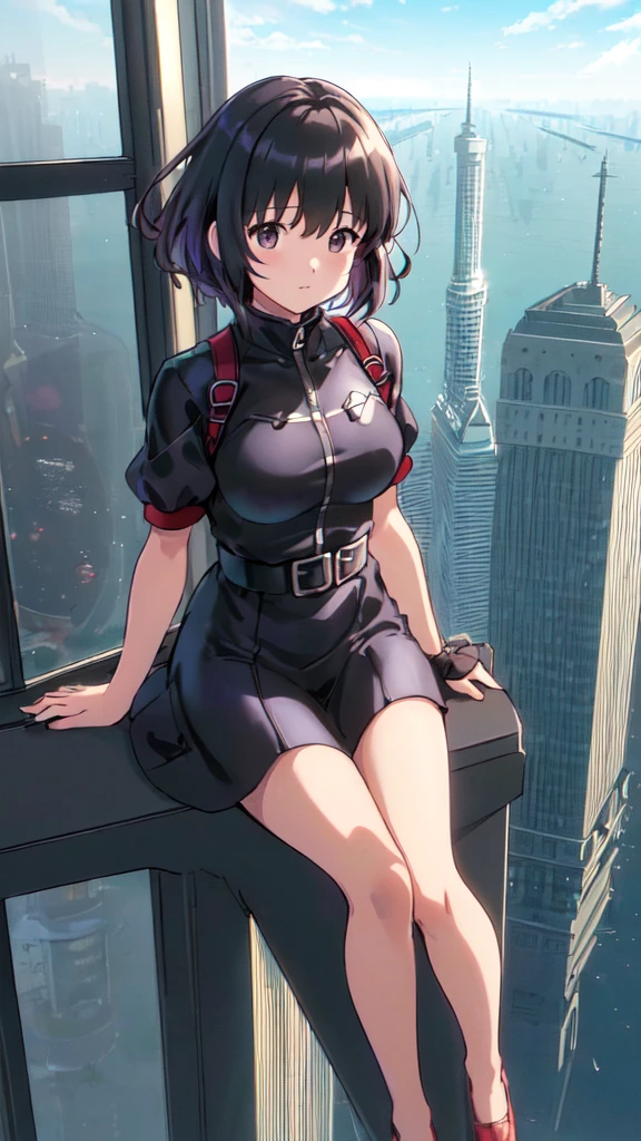  (((Girl in a dark blue dress sitting on the edge of a skyscraper 1.9))),Tremendous height,It seems like it's falling even now ,metropolis, studio Ghibli  ,(((kiki1.9))), Kiki's Delivery Service ,  is making my legs wobble,red shoes and red ribbon,profile, super high image quality ,8k,Spectacular views,evening,Akane Sora ,cloud,sunset, Detailed Illustration ,  very colorful , Masterpiece, Official Art, One Shot,High-resolution wallpapers,motion blur, Hi-Res, 