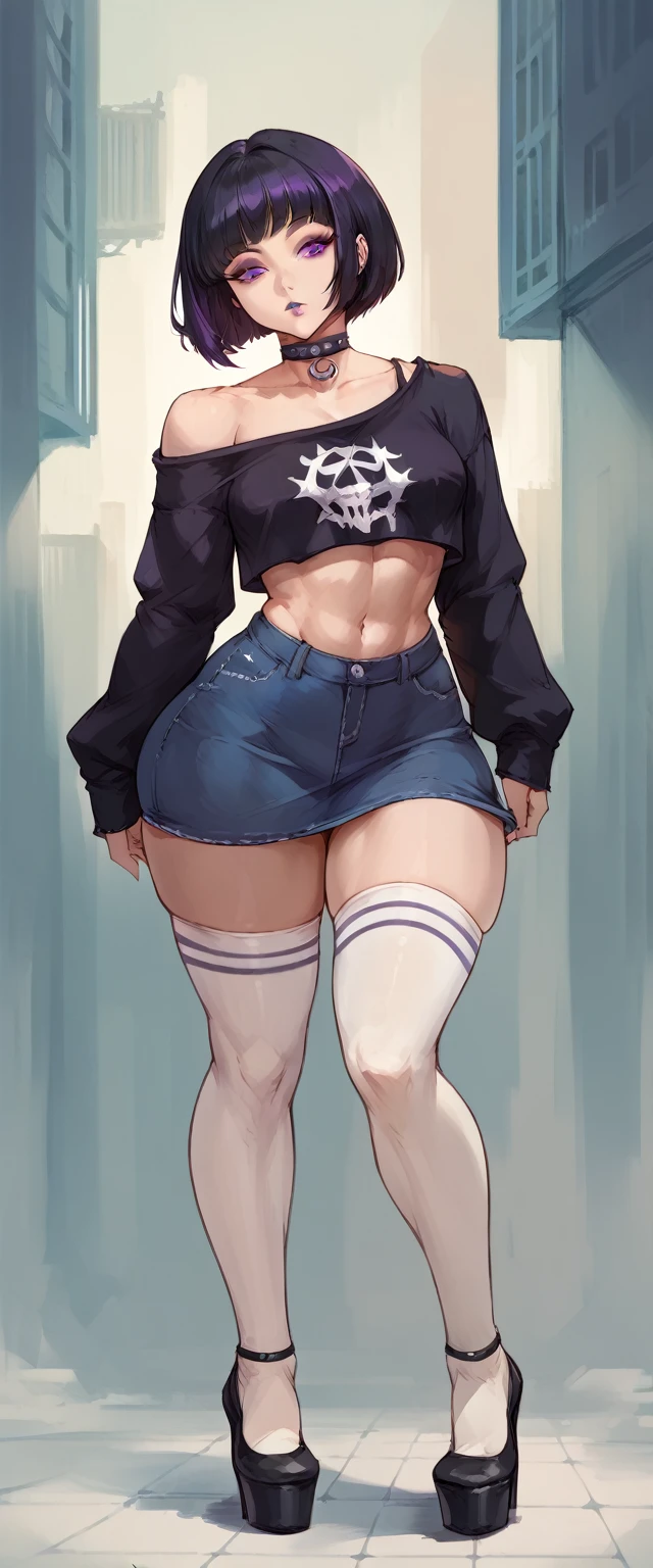 (solo)female ,Black short hair,woman, attractive , wearing goth , chocker, crop top, navel, midriff, long sleeves, off-shoulder shirt, blue jeans skirt, white stockings, thicc body, thicc body, thicc, she is squatting, thick thighs, front view ,  , high heels , purple eyes