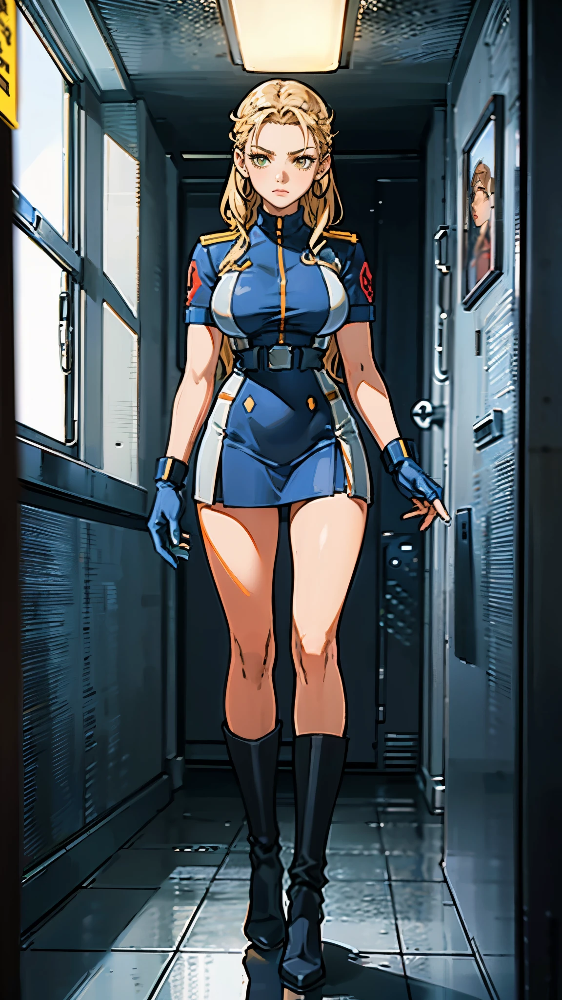 (masterpiece:1.2, best quality:1.2, extremely delicate:1.2), ((Alexandra Daddario:1.2)), a girl with short light golden hair, a metal headband on her forehead, icy gaze, detached expression, smooth and exquisite facial appearance, perfect body, perfect skin, porcelain skin, pale skin, sci-fi military uniform, short sleeves, gloves, short skirt integrated with the outfit, dark fitted pants, knee-high military boots, the color scheme is primarily White with Blue and Yellow accents, surrounded by AR virtual interfaces, standing in a futuristic sci-fi-styled room, this character embodies a finely crafted futuristic sci-fi female officer in anime style, exquisite and mature art style, exquisite photography, Photo realism, photorealistic, even and soft lighting on face, dramatic, high definition, highres, ultra-detailed, ultra-fine painting, professional, perfect body proportions, anatomically correct, symmetrical face, extremely detailed eyes and face, high quality eyes, creativity, RAW photo, UHD, 32k, portrait lighting, Natural light, cinematic lighting, (masterpiece-anatomy-perfect:1.2)