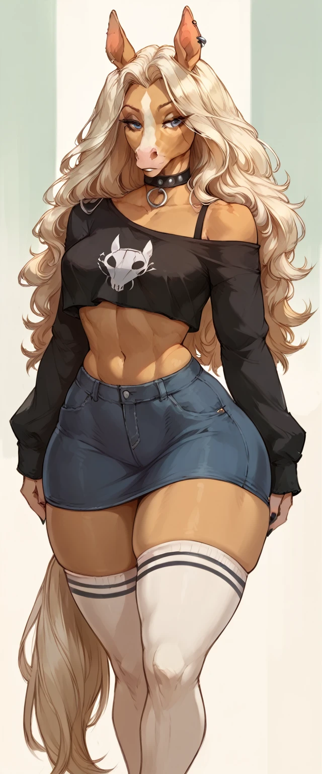 (solo)female anthro horse ,Black long fluffy hair, fluffy hair,horse ears, , attractive,goth , chocker, crop top, navel, midriff, long sleeves, off-shoulder shirt, blue jeans skirt, white stockings, thicc body, thicc body, thicc, she is standing, (thick thighs:1.5), front view