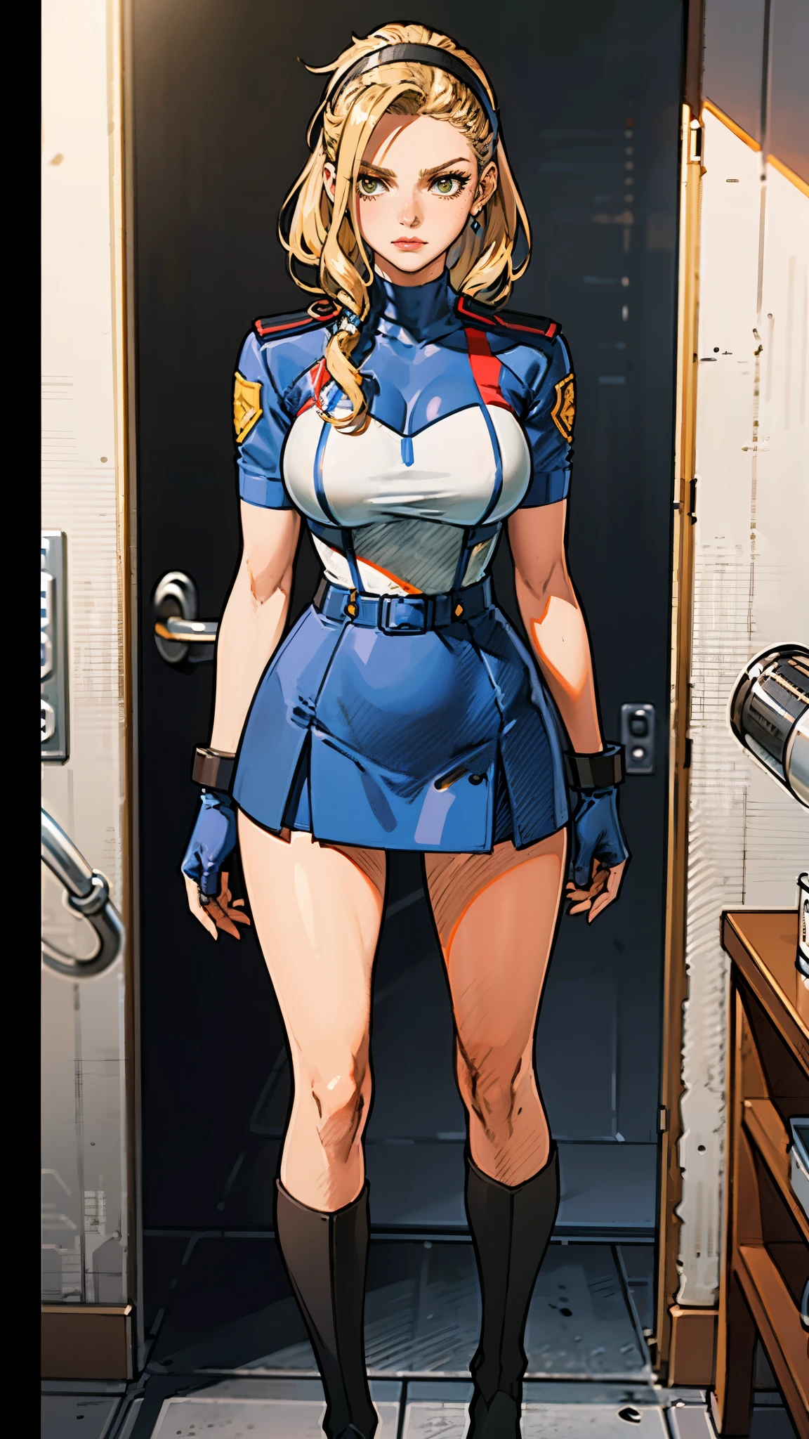 (masterpiece:1.2, best quality:1.2, extremely delicate:1.2), ((Alexandra Daddario:1.2)), a girl with short light golden hair, a metal headband on her forehead, icy gaze, detached expression, smooth and exquisite facial appearance, perfect body, perfect skin, porcelain skin, pale skin, sci-fi military uniform, short sleeves, gloves, short skirt integrated with the outfit, dark fitted pants, knee-high military boots, the color scheme is primarily White with Blue and Yellow accents, surrounded by AR virtual interfaces, standing in a futuristic sci-fi-styled room, this character embodies a finely crafted futuristic sci-fi female officer in anime style, exquisite and mature art style, exquisite photography, Photo realism, photorealistic, even and soft lighting on face, dramatic, high definition, highres, ultra-detailed, ultra-fine painting, professional, perfect body proportions, anatomically correct, symmetrical face, extremely detailed eyes and face, high quality eyes, creativity, RAW photo, UHD, 32k, portrait lighting, Natural light, cinematic lighting, (masterpiece-anatomy-perfect:1.2)