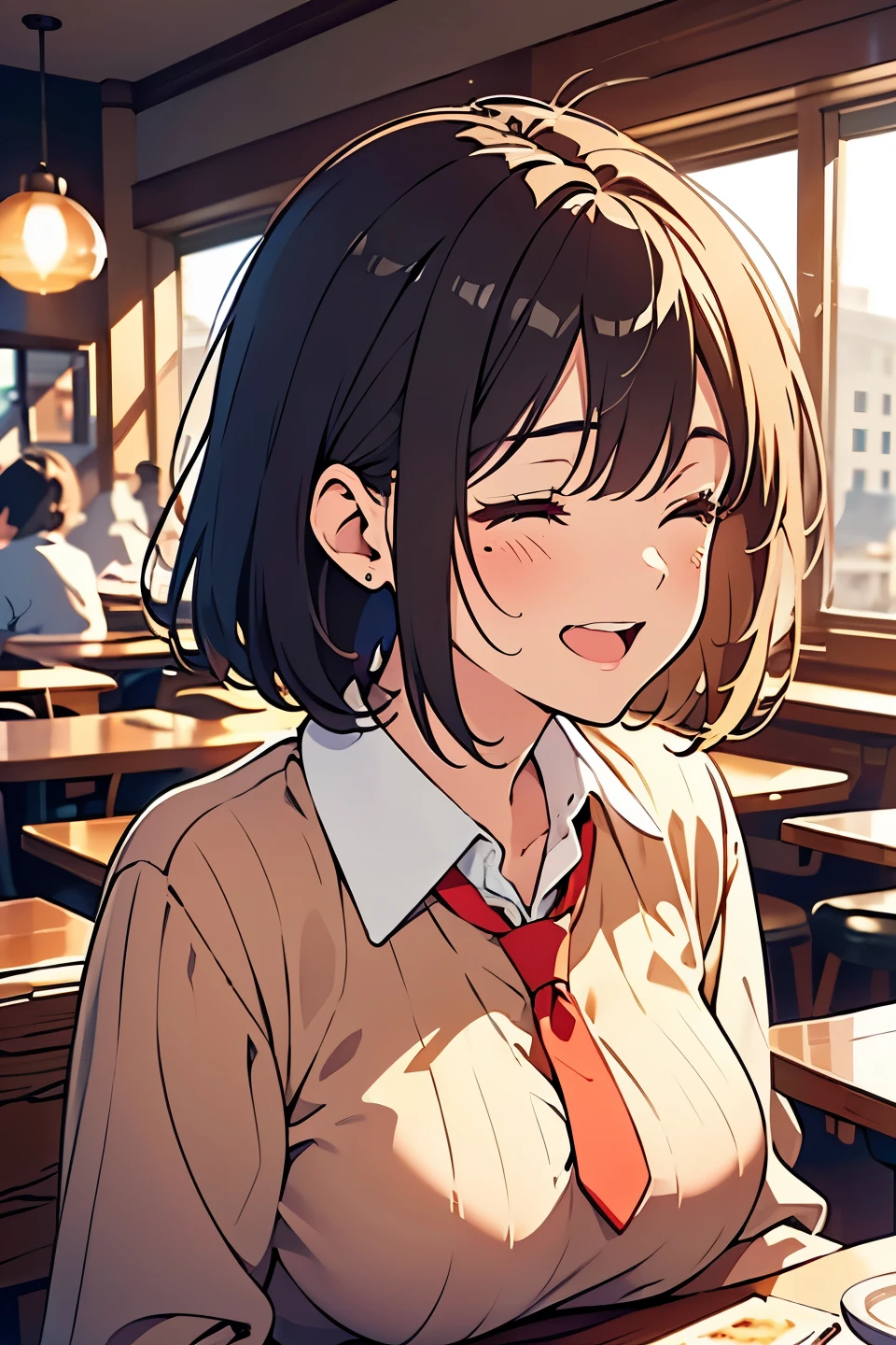 (best quality, highest quality, masterpiece:1.3),dark hair, black hair,(beautiful Busty breasts), beautiful girl, bob hair, a sexy mole around the mouth, trouble face,burst into laughter, closed eyes,(squinting:1.15), (beige V Neck Sweater:1.0),(cafe uniform1.0),a red Checked tie, upper body,side shot