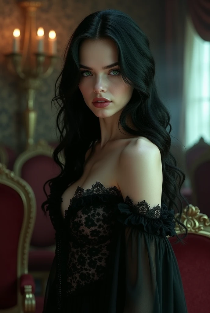 Yennefer von Vengerberg from the videogame The Witcher in sexy pose in bedroom of a middleaged castle