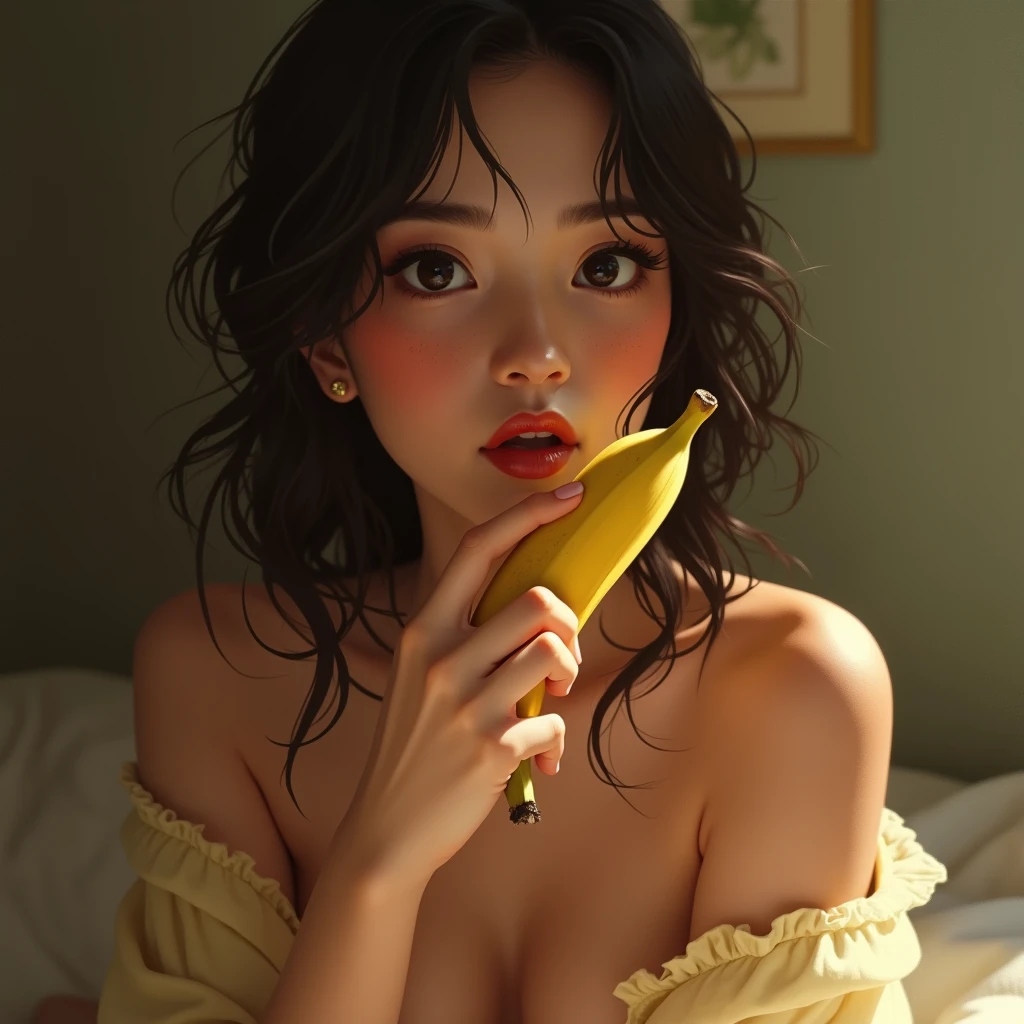 Korean beautiful woman, "naked", "extra large breasts and visible nipples", fell asleep on the bed and, "his mouth sucking banana", "legs wide open", captured with a DSLR Full-Frame camera using a 50mm f/1.8 prime lens, natural lighting, hyperrealistic style, centered composition, traditional accessories, eye-level shot, cool color correction, tranquil setting, serene theme, high-resolution, hyperrealistic, cinematic, ultra HD photo.