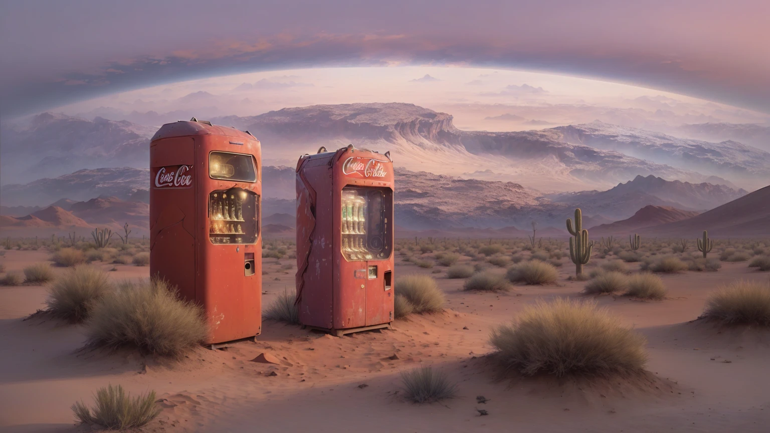 Style like Dee Does AI, The scene shows an old, iconic Coca-Cola vending machine standing alone in a vast desert under a serene twilight sky. The machine’s classic red color is slightly faded, with a vintage patina, highlighting its age and evoking a sense of forgotten history. The vending machine is surrounded by sand and dry earth, with small tufts of desert grass scattered nearby, emphasizing the loneliness and surreal quality of the setting. In the sky is the planet Earth and a view of New York, above the planet is space, a galactic glow,, dreamy glow. The soft twilight light gently illuminates the machine, creating a sense of calm and mystery. The image has a slight grainy texture for a timeless, nostalgic feel, drawing viewers into the quiet stillness of the desert, Aesthetic illustration in a realistic style, mysterious atmosphere, masterpiece, best quality, 24K, high detail, all materials and colors look very harmonious in this work, tranquil and inviting atmosphere, ultra-realistic render, high-definition