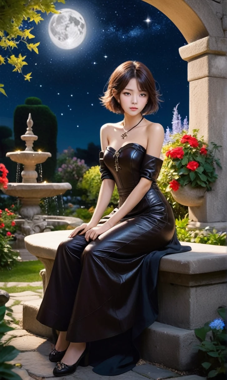 Highest quality,girl,cute,beautiful,Red hair,Sitting,Brown eyes,Black cabaret dress,Black Mini Dress,Diamond Necklace,