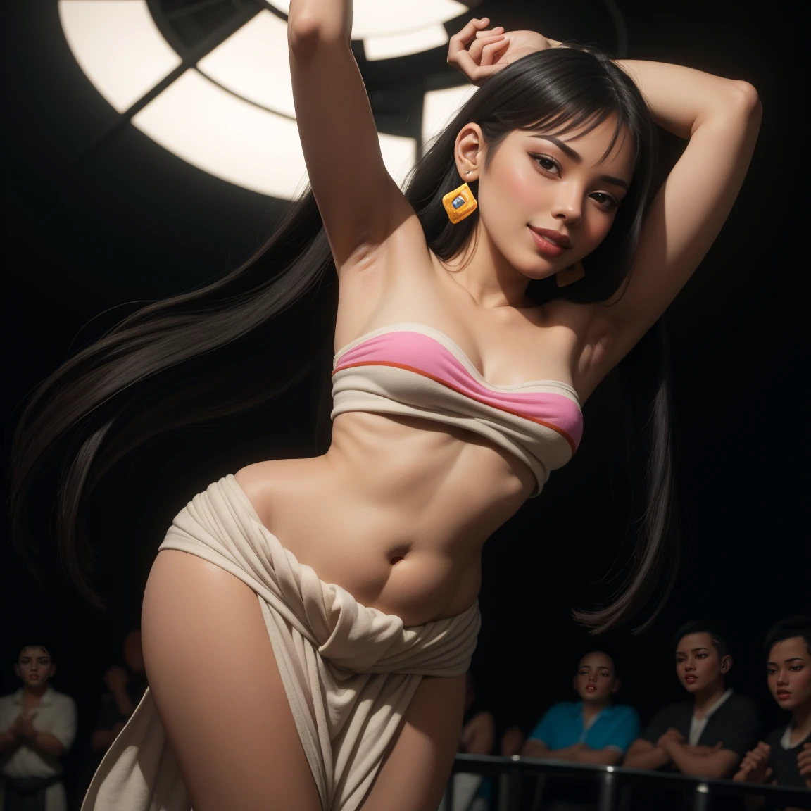 comic book style, 1 extremely attractive girl, disheveled clothes, tears, American Asian heritage, black hair, inside a nightclub,large sagging breasts, shaved vagina, almost naked,