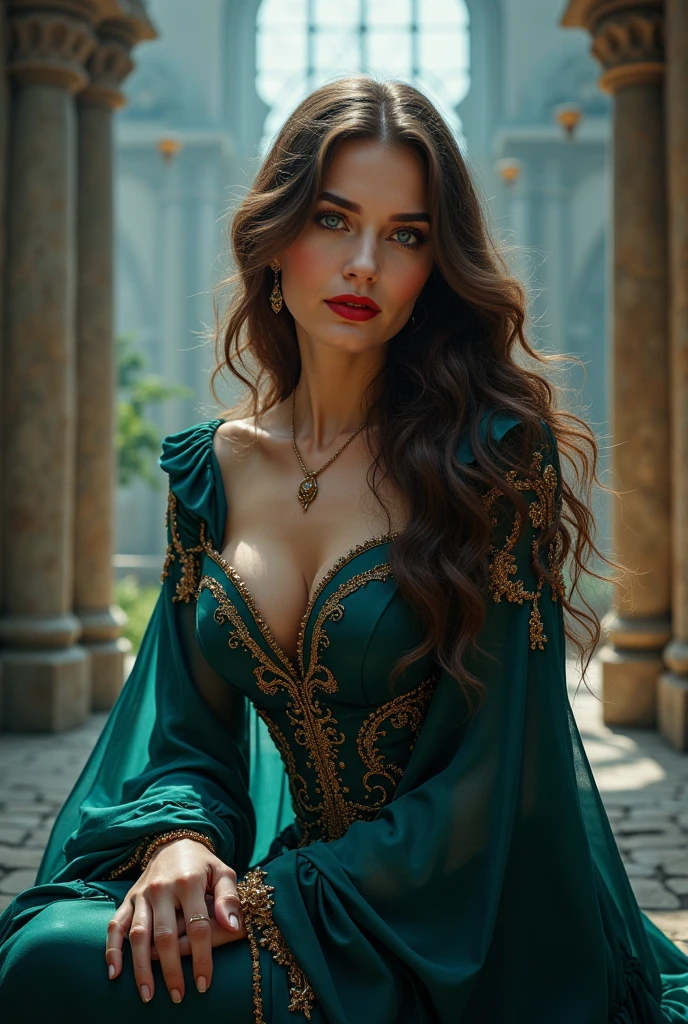 Masterpiece illustration, very detailed face, an immortal sexy elf with timeless beauty, long elegant slim face, defined cheekbones, stunning and beautiful smile, detailed eyeliner and eyeshadow, elegant light hair, enchanting and elegant, detailed full cleavage, very sexy slim figure, elegantly sexy, silk cape, vibrant green silk clothes, in a vibrant magical forest, ambient light, rim light,