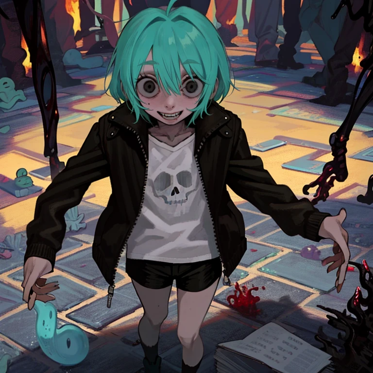 Black skeleton, sticky skeleton, nightmare!No, cyan eyes, smiling, hands in pockets, black slimy jacket, black sticky shirt, black slimy shorts, antenna, Slimy eyes, cyan outline