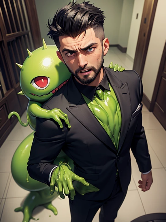 masterpiece, best quality, sharp teeth, green skin, slimy tentacles, business suit, black tie, evil grin, glowing green eyes, miasma