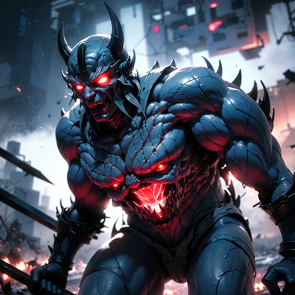 1 men, Kafka Hibino transformed into kaiju, dark blue skin with red lines, eyes glowing red, Large antlers, stout muscles, imposing posture, roaring, Destroyed city background, wall-paper, cinematic