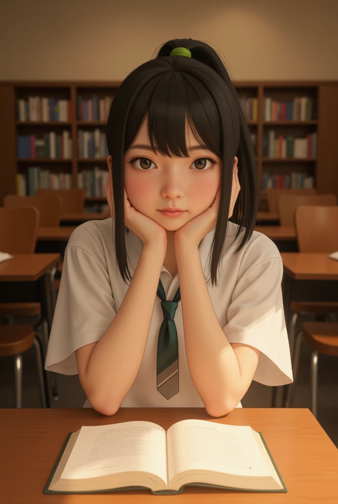 A warm-toned, well-lit classroom scene: a 19-year-old female student sitting at her study desk, open book on desk, surrounded by wooden chairs and neat bookshelves. She's wearing a Mahalai uniform, a white short-sleeved shirt, and her hair is in a dyed ponytail. Her eyes look at camera and boring, her brows furrowed, and her innocent face exudes diligence,Mahalai uniform,white short sleeve shirt