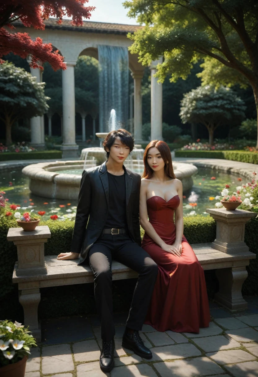 score_9, score_8_up, score_7_up, score_6_up, source_anime, masterpiece, newest, realistic Korean man ((with brown eyes)), Beautiful,  brown short hair, (in a black leather shirt with the scent of Asian-style )), black classic pants sits on a bench in a magical stone garden next to a girl with big blue eyes (  European looks)  brown long hair waltz around the couple and  ((( in red gorgeous beautiful magic (( очень пышном платье  strapless)) по фасону песочных часов в зоне декольте пышный фасон  strapless))) night starry sky, crickets, magic,  beautiful different flowers ,  stone fountain near the garden , in the form of a sorceress мужчина кореец ((with brown eyes)), Beautiful,  brown short hair, (in a black leather shirt with the scent of Asian-style )), black classic pants sits on a bench in a magical stone garden next to a girl with big blue eyes (  European looks)  brown long hair waltz around the couple and  ((( in red gorgeous beautiful magic (( очень пышном платье  strapless))   strapless))) night starry sky, crickets, magic,  beautiful different flowers ,  stone fountain near the garden , in the form of a sorceress 