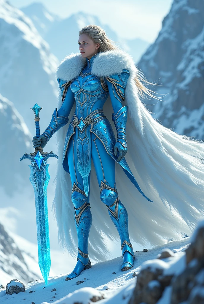 On the slopes of the snow capped mountains, the female paladin is the guardian of resisting elements She was wearing ice blue armor, adorned with icicles and snowflakes, shining brightly in the cold light A thick white fur cloak draped over her shoulders, providing warmth in the cold The giant sword in her hand is embedded with ice crystals, and her presence exudes strength and resilience against the harsh cold