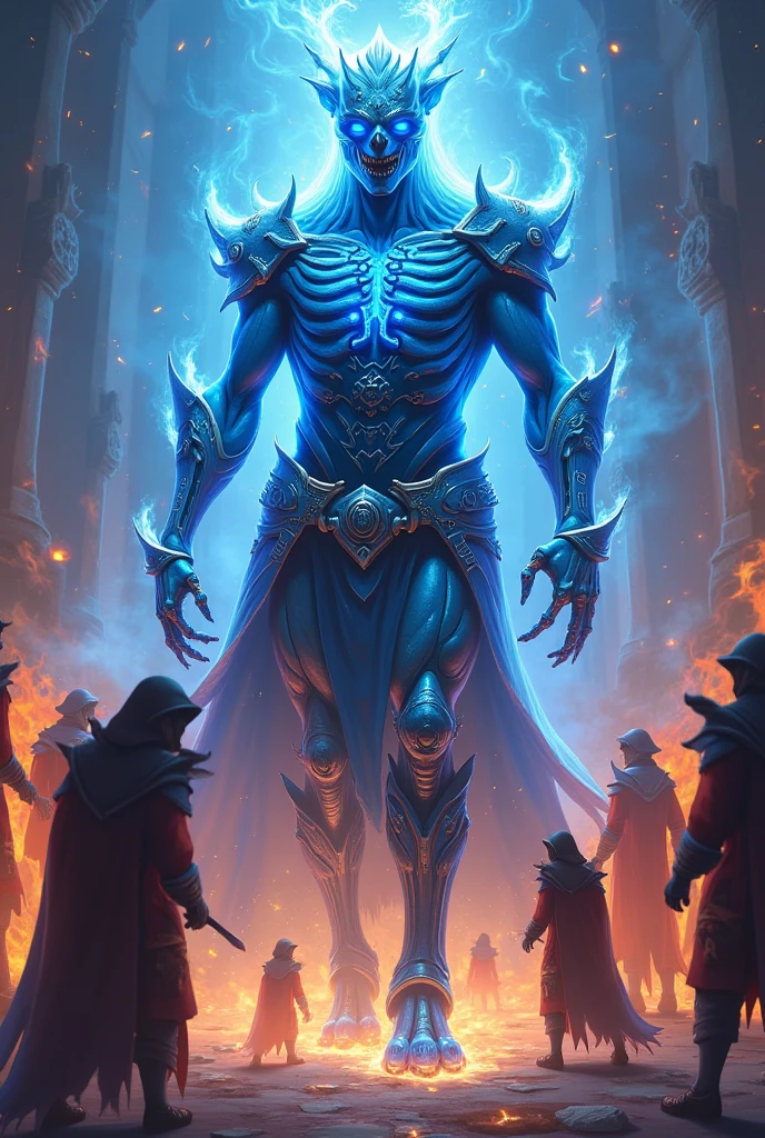 (orthofacial),blue, Armor,Skeletons, wizards,The whole body,flame, burning,sparks,light particles,yinghuo,Colorful flames