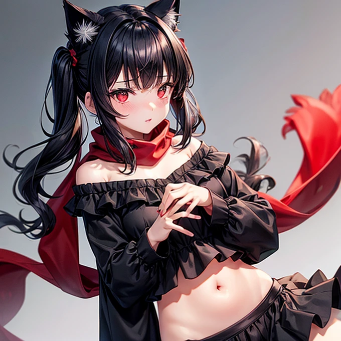 Female wolf alone without anyone together, wears a short black maid dress showing her panties, has long black fuzzy hair with red highlights, has red eyes, has big breasts, has wolf ears and a wolf tail.