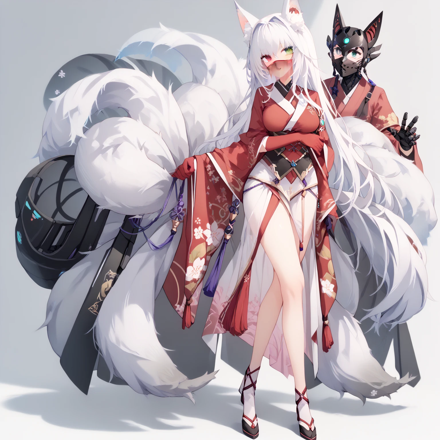 1girl, full body, character at approximately 21 years old 179cm tall and 63kg, long white hair with a soft pink tint, heterochromia (bluish-green left eye and scarlet red right eye, black mechanical mouth mask, white kimono with a transparent veil covering the hands, silk long gloves, no boots, long fox ears, large nine fox tails,