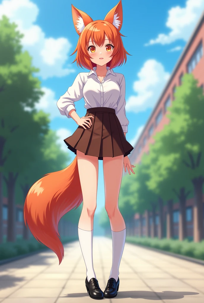 (superflat, flat shading, flat colors:1.1), (closeup), realtail, 1girl, little, lolis, 12yo, small breast, freckles, ginger hair, (ginger fox ears), (white sсhool uniform), (big ginger fox tail:1.2), white panties, (upskirt:1.2), look back, shy, blush, (town street), green trees, sunlight, vibrant colors, watercolor