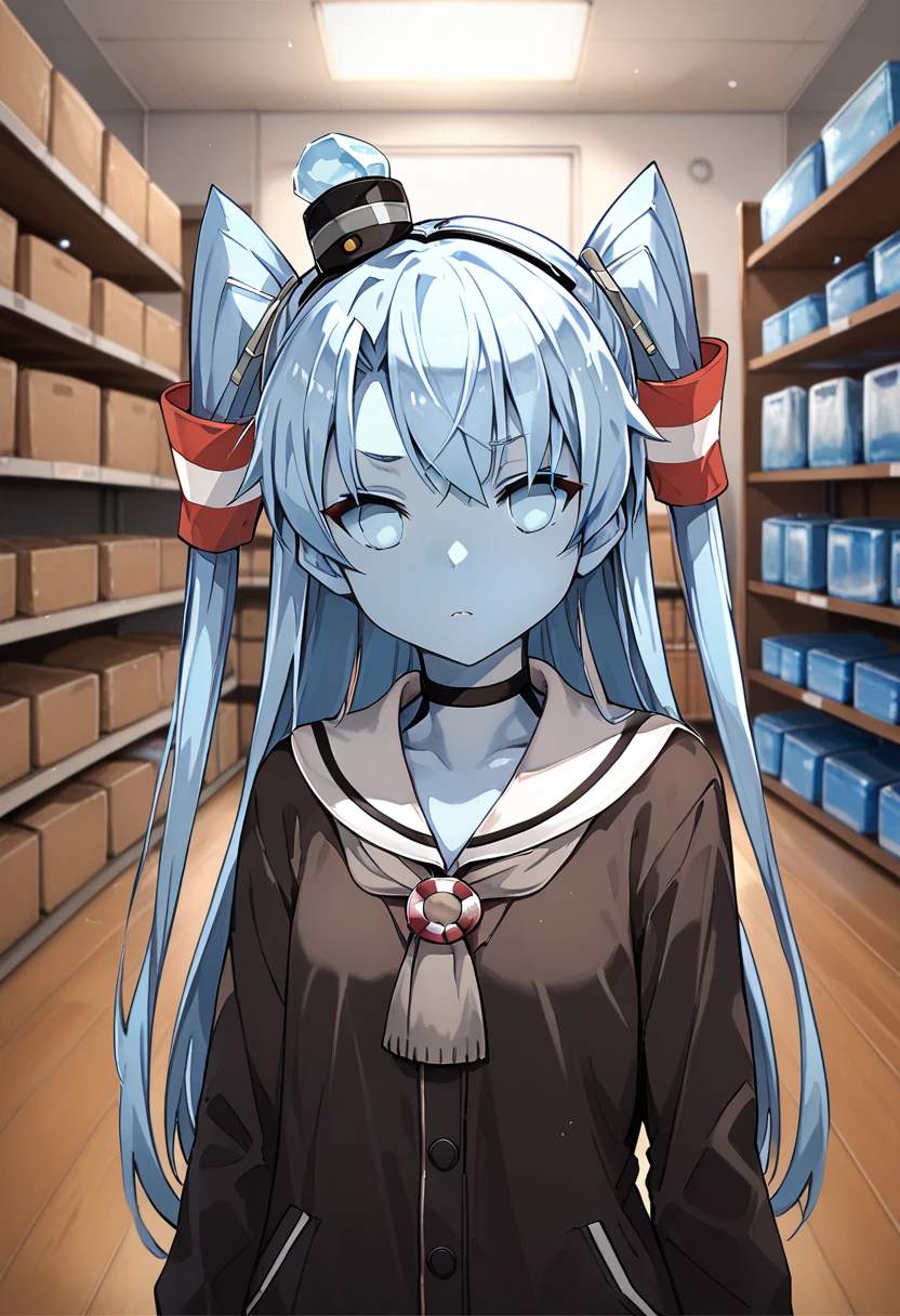 score_9, score_8_up, score_7_up, source_anime, 1girl, amatsukaze_\(kancolle\),
ice_tf, ice statue, ice head, ice skin, ice eyes, (blue skin:1.2), blue hair, (no eyes:1.2)
long hair, two side up, twintails, hair ornament, hair tubes, black tiny cap, choker, upper body
,storage, storage room, inside, boxes,
, detailed background, high resolution background,