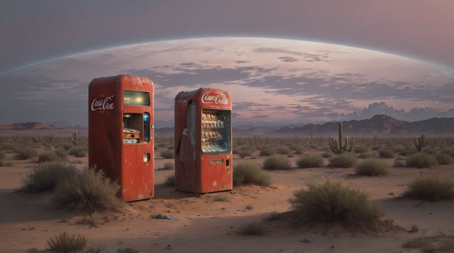 Style like Dee Does AI, The scene shows an old, iconic Coca-Cola vending machine standing alone in a vast desert under a serene twilight sky. The machine’s classic red color is slightly faded, with a vintage patina, highlighting its age and evoking a sense of forgotten history. The vending machine is surrounded by sand and dry earth, with small tufts of desert grass scattered nearby, emphasizing the loneliness and surreal quality of the setting. In the sky is the planet Earth and a view of New York, above the planet is space, a galactic glow,, dreamy glow. The soft twilight light gently illuminates the machine, creating a sense of calm and mystery. The image has a slight grainy texture for a timeless, nostalgic feel, drawing viewers into the quiet stillness of the desert, Aesthetic illustration in a realistic style, mysterious atmosphere, masterpiece, best quality, 24K, high detail, all materials and colors look very harmonious in this work, tranquil and inviting atmosphere, ultra-realistic render, high-definition