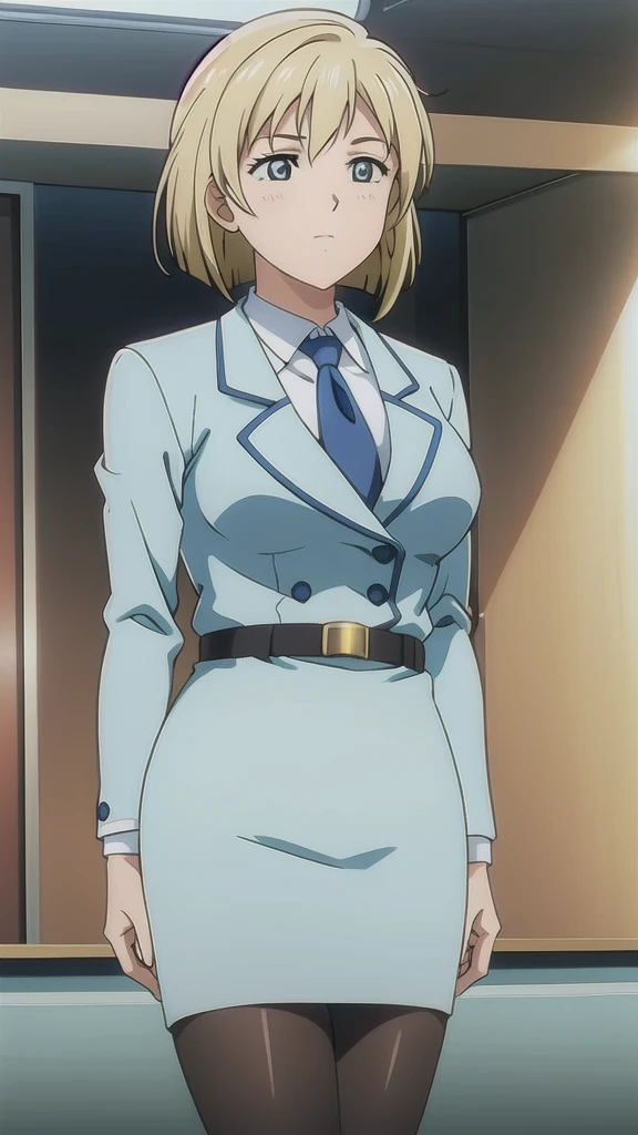 Blonde、 bob cut from the front、Green Eyes，悲しいface， Full Body Style 、 normal breasts、 narrow waist 、Bare legs、In a suit、 blue jacket ,襟付きshirt, shirt, yellow tie ,belt,,  Blue Mini Pencil Skirt, black tights，White pumps，My legs are slightly flabby， Official Art, Extremely Detailed CG Unity 8k Wallpaper,  full light, colorful , bright _ Front_face_ Lighting,  shiny skin, ( masterpiece:1.0),(Highest_quality:1.0), 超 Hi-Res,4K,Ultra-detailed, photo shoot, 8k,  Hi-Res,  Hi-Res,  absurd:1.2,  Kodak Portra 400, film grain,  blurry background, Bokeh:1.2,  lens flare , ( lively_ color:1.2), Professional photography,Anime Images、