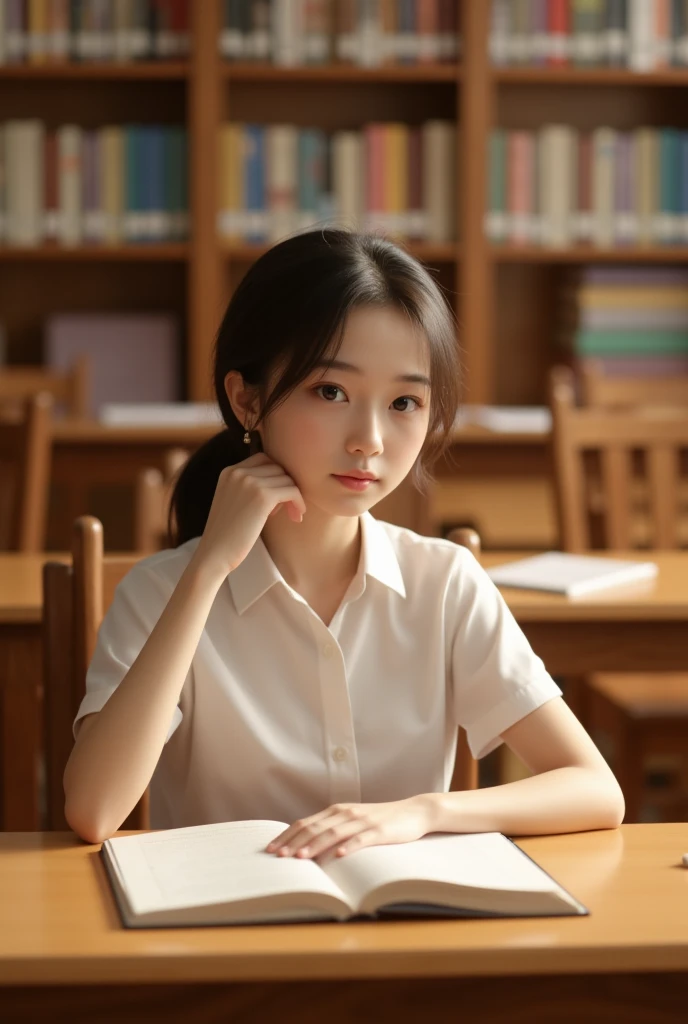 A warm-toned, well-lit classroom scene: a 19-year-old female student sitting at her study desk, open book on desk, surrounded by wooden chairs and neat bookshelves. She's wearing a Mahalai uniform, a white short-sleeved shirt, and her hair is in a dyed ponytail. Her eyes look at camera and smiling, her brows furrowed, and her innocent face exudes diligence, Mahalai uniform, white short sleeve shirt