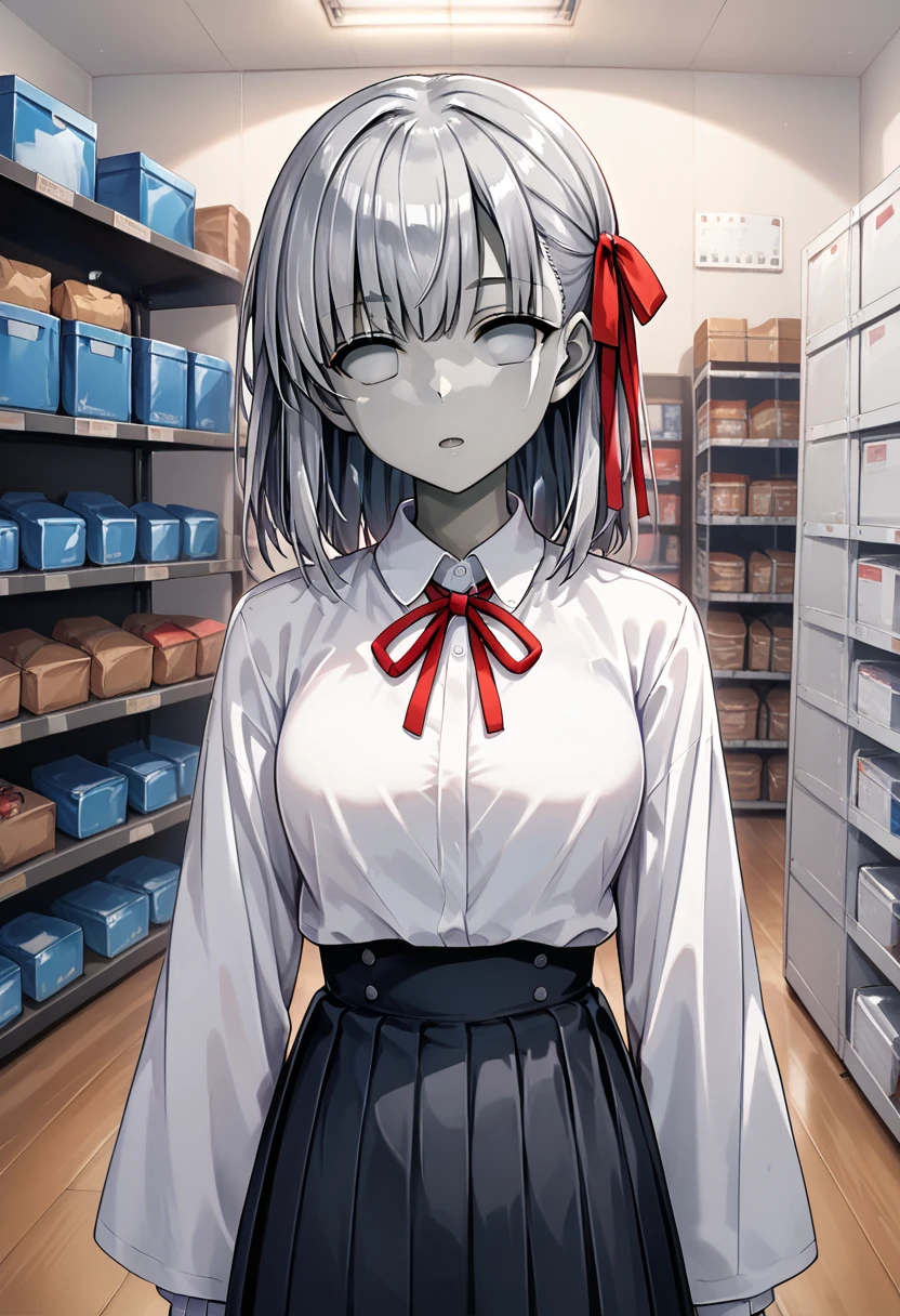 score_9, score_8_up, score_7_up, source_anime, 1girl,
iron_tf, iron statue, iron hair, iron eyes, iron skin, iron clothes, (grey skin:1.2), grey hair, (no eyes:1.2)
bb_\(fate\), collared shirt, hair ribbon, high-waist skirt, jacket, long sleeves, neck ribbon, open clothes, open jacket, pleated skirt, red ribbon, ribbon, shirt, skirt, sleeves past wrists, white shirt, wide sleeves,, upper body
,storage, storage room, inside, boxes,
, detailed background, high resolution background,