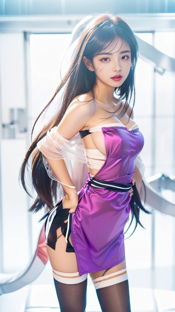 Two good-looking sexy asian beauties with long hair in transparent cheongsam, vacuum, big breasts, realism, seductive pose, full body, standing, long legs, high heels, park
