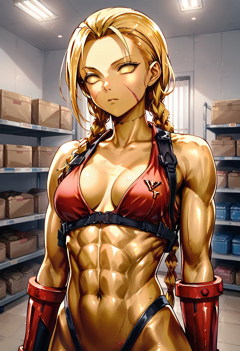 score_9, score_8_up, score_7_up, source_anime, 1girl, cammy_white,
gold_tf, gold statue, gold hair, (gold skin:1.3), gold eyes, (no eyes:1.2)
, long hair, twin braids, scar, scar on face, bangs, forehead, muscular, abs, medium breasts, upper body
,storage, storage room, inside, boxes,
, detailed background, high resolution background,