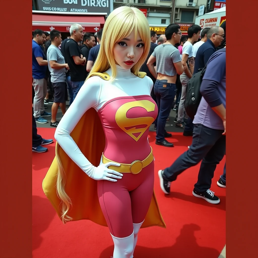 (G-Force: Aggie (cute, iconic sexy costume) action poses, determined stare) view is from a low angle, panty shot, streets of Bangkok, crowd running for cover
