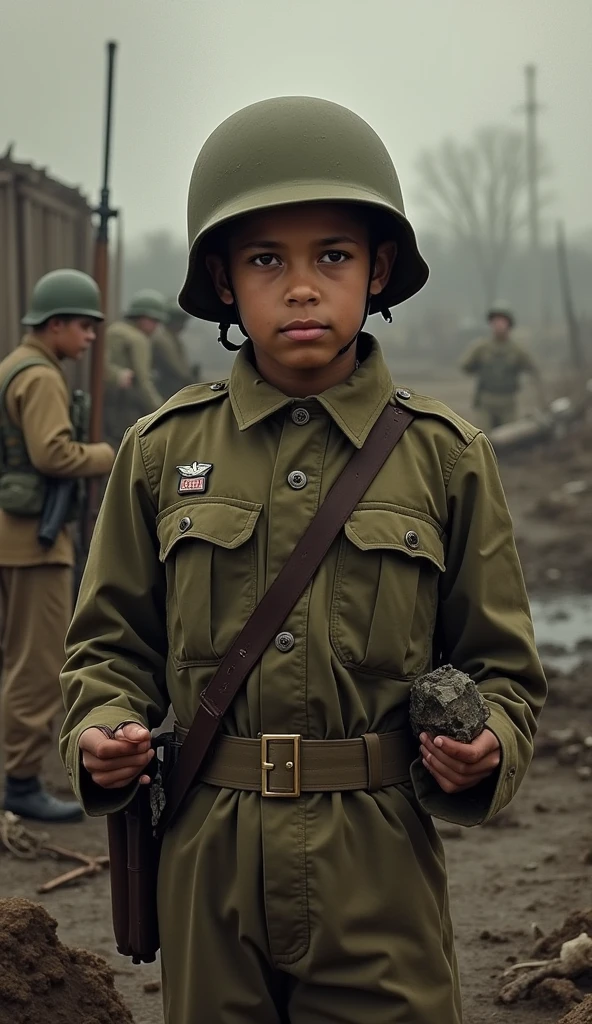 real human photo, film style poster photo, boy wearing full pilot uniform, 6 years old, short cropped hair, carrying pilot helmet, fighter plane background, there is an Indonesian flag embroidered on the left hand of his shirt, with very epic colors, The photo quality is very clear without HDR, has an Indonesian look