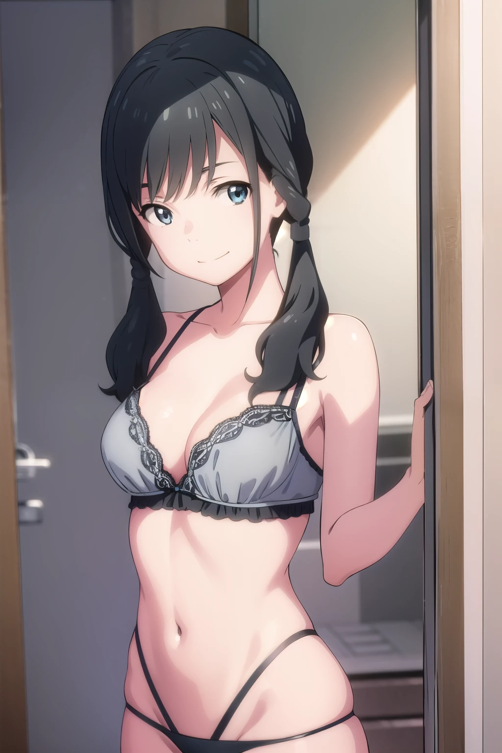gray, Hina Amano, black hair , twintails, blue eyes, smile, wearing sexy body lingerie.