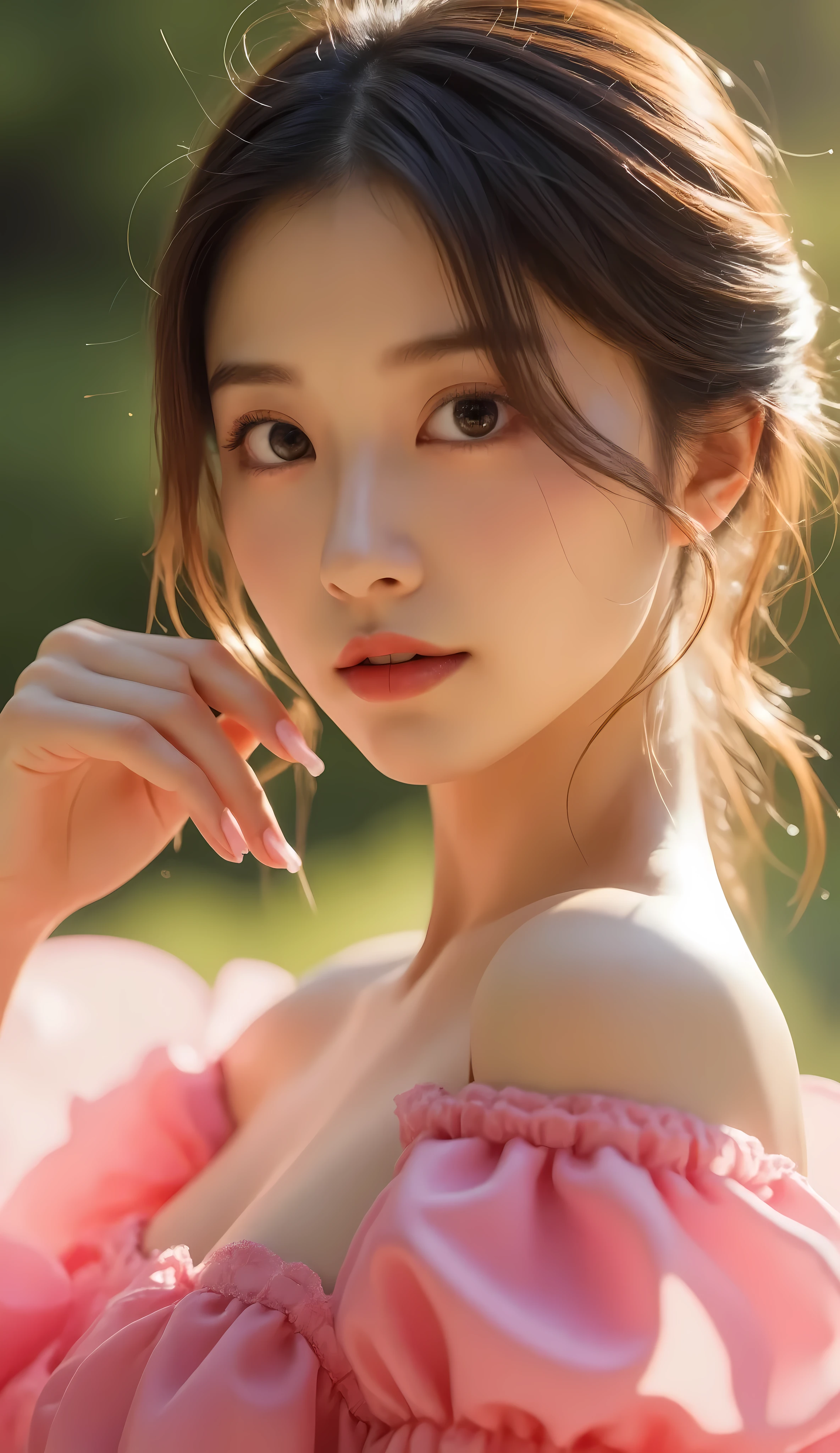 a beautiful neat-girl in a pink dress, a cute young woman, delicate and slender hands, elegant fingers, meticulously painted vibrant nails, beautiful detailed eyes, beautiful detailed lips, extremely detailed face, long eyelashes, graceful posing, serene expression, natural lighting, cinematic composition, warm color palette, realistic rendering, photorealistic, hyperdetailed, masterpiece