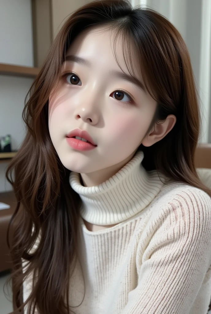 (Loli girl),South Korea ,(Tongue:1),orgasm,, Face Light, shiny face ,, Sophisticated eyes ,( 穿turtleneck sweater,,),， Ultra HD, masterpiece ,  height detail ,  high quality ,  Best Quality , HD Symbol 